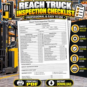 May include: A Reach Truck Inspection Checklist document featuring sections for equipment information, pre-operation inspection items, operational checks, notes, maintenance issues, and corrective actions with checkboxes for status.