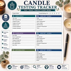 Può includere: Un tracker di test di candele PDF stampabile con sezioni per i dettagli della candela, le note di versamento e i test di combustione. Il documento include spazio per registrare dati come il tipo di cera, la fragranza e le dimensioni del bagno di fusione.
