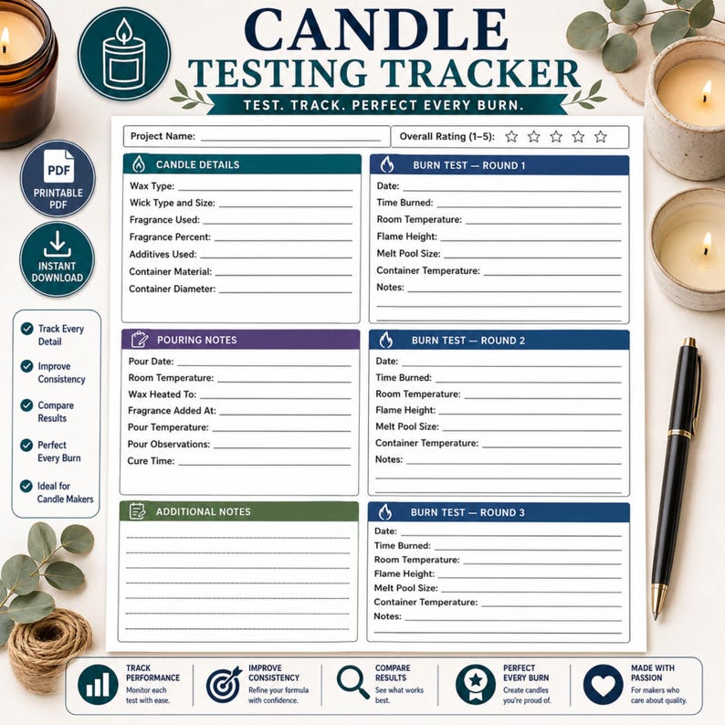 Candle Testing Tracker Printable PDF | Candle Burn Test Log | Wax Wick ...
