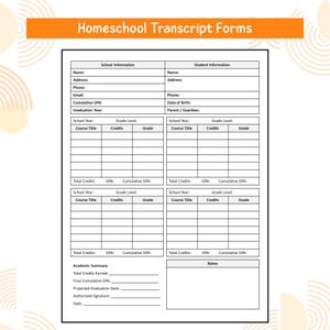 May include: A Homeschool Transcript Forms document, featuring sections for school and student details. Includes fields for name, address, phone, and academic records. Contains spaces for course titles, credits, and grades, with totals and a notes section.
