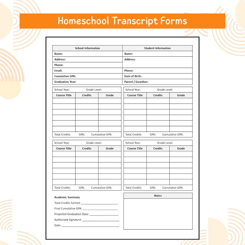 Homeschool Transcript Form Printable PDF | High School Course & Credit ...