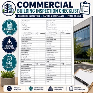 May include: A printable PDF commercial building inspection checklist. The document includes sections for exterior and interior building inspections, plumbing systems, and roof inspections. It's designed for thorough inspection, safety, and compliance.