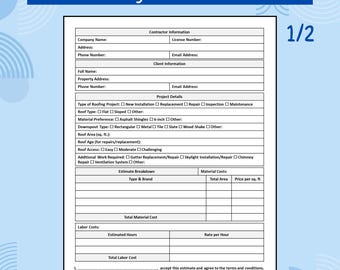 Roofing Estimate Form Printable PDF | Roofing Contractor Proposal Template | Roof Repair & Replacement Quote Sheet | Instant Download