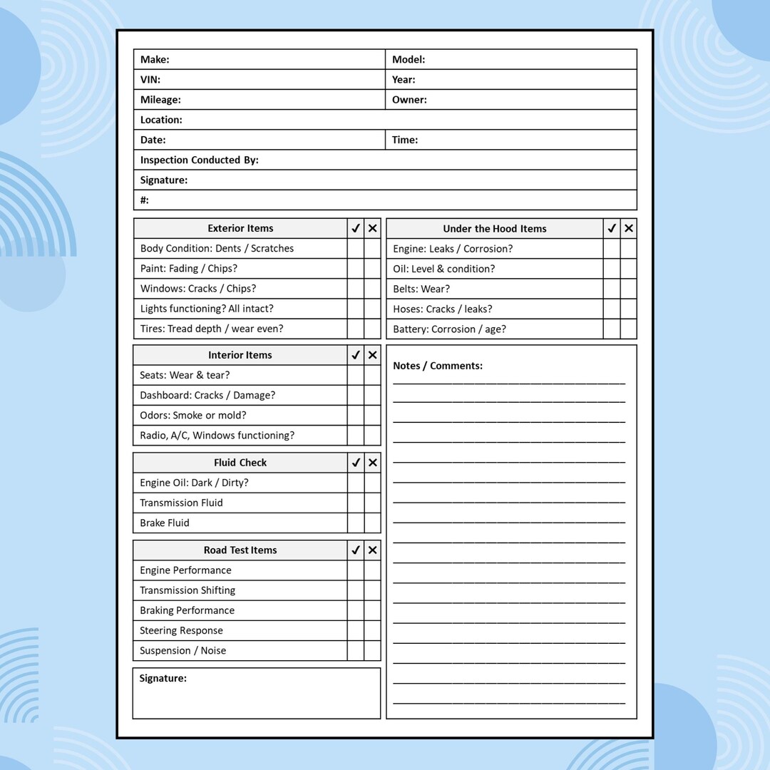 Used Car Inspection Checklist Printable PDF | Pre-owned Vehicle ...