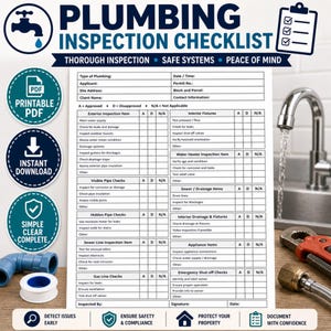 May include: A plumbing inspection checklist with the title "Plumbing Inspection Checklist" in blue and white. The checklist includes sections for exterior and interior inspections, visible and hidden pipe checks, and appliance items. The image also includes icons for PDF download and instant download.