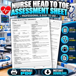 May include: A white paper nurse head to toe assessment sheet with black text and checkboxes. The form includes sections for general appearance, vital signs, neurological, HEENT, respiratory, cardiovascular, gastrointestinal, genitourinary, and safety.