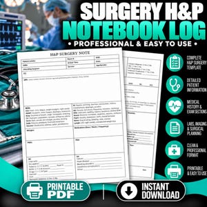 Pode incluir: Um modelo PDF imprimível de caderno de notas de cirurgia H&P com seções para iniciais do paciente, histórico médico, exame físico e planejamento cirúrgico. O documento inclui caixas de seleção e campos para dados clínicos e informações do paciente.