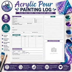 Acrylic Pour Painting Log Printable PDF | Fluid Art Project Tracker | Paint Pouring Record Book | Artist Supply Journal