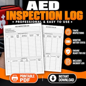 Puede incluir: Un documento de registro de inspección de DEA con un diseño de cuadrícula blanca que incluye columnas para fecha, condición física, estado de la batería, caducidad de electrodos y registros de incidentes. El texto incluye AED INSPECTION LOG, PROFESSIONAL & EASY TO USE, TRACK INSPECTIONS, MONITOR BATTERY STATUS, ENSURE READY FOR USE, INCLUDES INCIDENT LOG, PRINTABLE PDF e INSTANT DOWNLOAD.