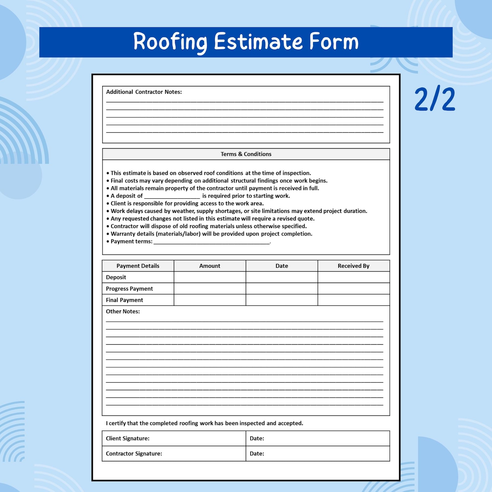 Roofer Prequalification Form.pdf Roofing Estimate Form Printable PDF | Roofing Contractor Proposal ...