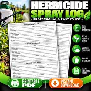 Pode incluir: Um documento imprimível Herbicide Spray Log com várias seções de registro para local, data, hora, nome do herbicida, taxa de aplicação, concentração, área tratada, ervas daninhas, condições climáticas, nome do aplicador e modelo do pulverizador.