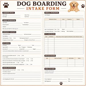 Może przedstawiać: Formularz przyjęcia psa do hotelu wydrukowany na białym papierze z brązowym tekstem i obramowaniem. Dokument zawiera ilustrację golden retrievera, ikony odcisków łap oraz sekcje dotyczące danych pobytowych, właściciela i zdrowia.