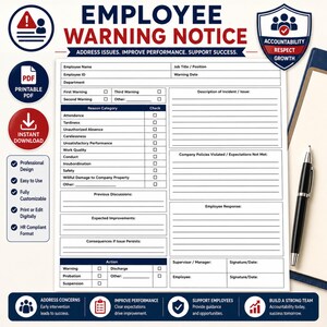 Może przedstawiać: Szablon powiadomienia o ostrzeżeniu dla pracownika z tytułem "EMPLOYEE WARNING NOTICE" w kolorze czerwonym. Dokument zawiera sekcje dotyczące informacji o pracowniku, szczegółów incydentu i działań. Posiada również ikony do pobierania PDF i zgodności z HR.