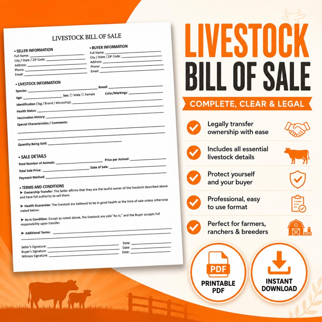 Livestock Bill of Sale Printable PDF | Cattle Horse Sheep Goat Sale ...