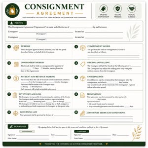 May include: A white Consignment Agreement form with dark green accents and gold icons. The document includes sections for parties, purpose, goods, period, pricing, payment, unsold goods, inventory, termination, governing law, and signatures.