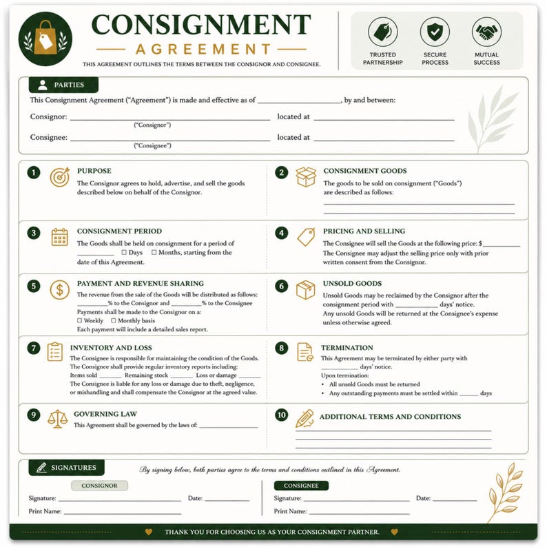 May include: A white Consignment Agreement form with dark green accents and gold icons. The document includes sections for parties, purpose, goods, period, pricing, payment, unsold goods, inventory, termination, governing law, and signatures.