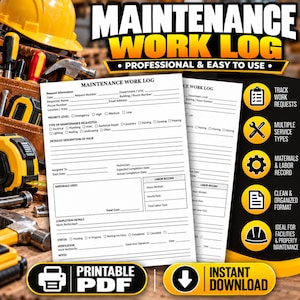 Può includere: Un modulo PDF stampabile per il registro di manutenzione con campi per informazioni sulla richiesta, tipo di manutenzione, registri del lavoro e dettagli di completamento, su uno sfondo di attrezzi che include un casco giallo.