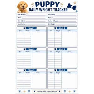 Può includere: Un tracker giornaliero del peso dei cuccioli bianco con accenti blu. Il tracker include sezioni per le informazioni del cucciolo e un grafico di monitoraggio del peso di sei settimane. Il testo "Puppy Daily Weight Tracker" è in alto, con la frase "Healthy today, happy tomorrow!" in basso.