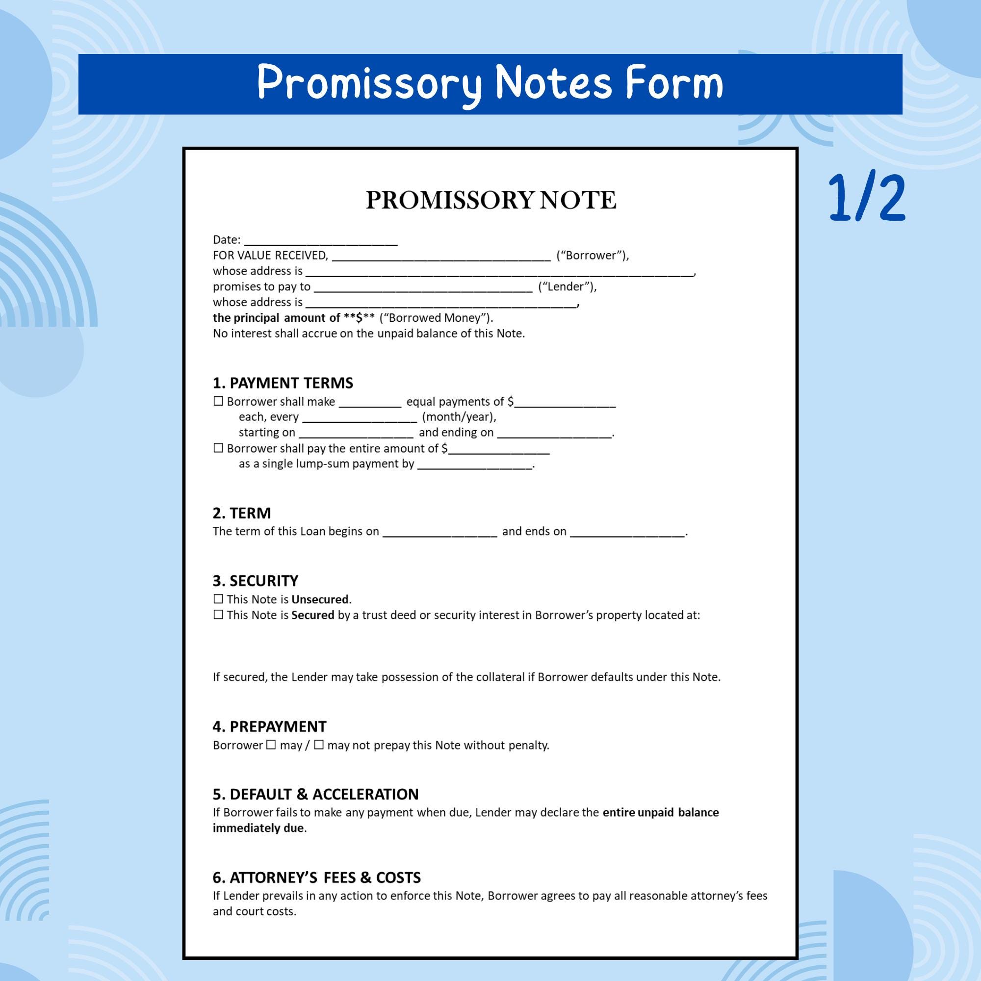 Promissory Note Template Printable PDF | Note Payable Loan Agreement ...