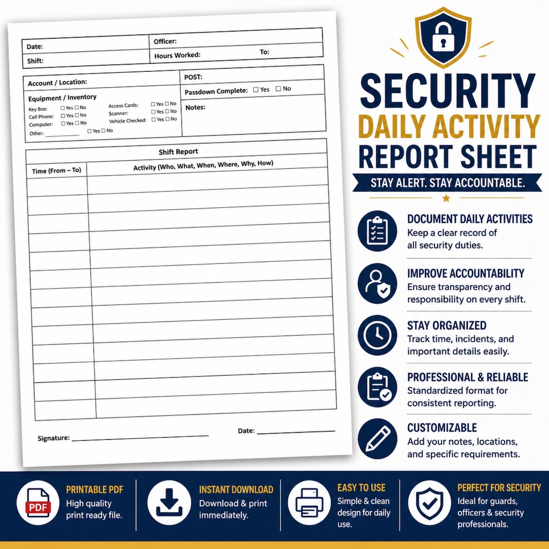 Security Daily Activity Report Printable PDF | Guard Shift Report Log ...