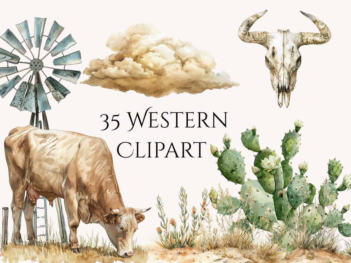 Vintage Western Ranch Clipart Bundle, Watercolor Cowboy Cow Cactus ...
