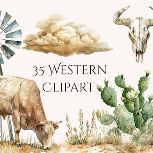May include: Watercolor illustration featuring a cow, windmill, cloud, cactus, and a skull with horns. The text "35 Western Clipart" is displayed. The artwork has a rustic, desert theme with muted colors.