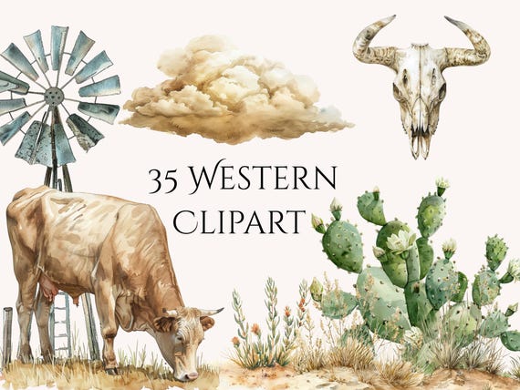 Vintage Western Ranch Clipart Bundle, Watercolor Cowboy Cow Cactus Desert Graphics (Digital Download)