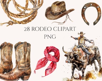 Western Rodeo Clipart Bundle, Vintage Watercolor Cowboy Graphics (Digital Download)