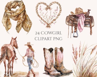Vintage Cowgirl Clipart Bundle, Western Watercolor PNG Elements (Digital Download)