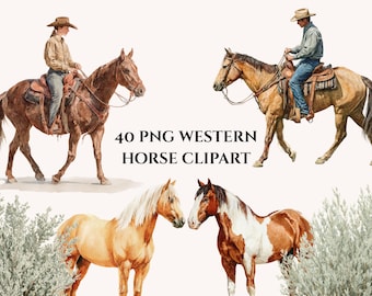 Vintage Western Horses Rodeo Watercolor Clipart Bundle (40 PNG Files)