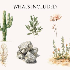 May include: Watercolor illustration featuring a green cactus, leafy branches, a delicate flower, a feather, rocks, and desert plants. The text "WHATS INCLUDED" is at the top. The image has a neutral background.