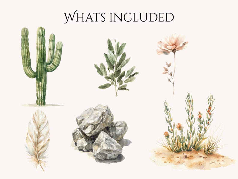 May include: Watercolor illustration featuring a green cactus, leafy branches, a delicate flower, a feather, rocks, and desert plants. The text "WHATS INCLUDED" is at the top. The image has a neutral background.