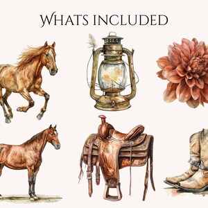 May include: Watercolor illustrations of Western-themed items. Includes a running horse, a standing horse, a vintage lantern, a saddle, a pair of cowboy boots, and a large flower. The text "WHATS INCLUDED" is at the top.