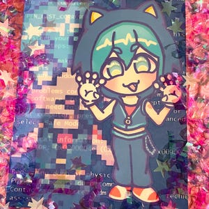 May include: A colorful illustration of a cartoon character wearing a blue hoodie with cat ears and a matching outfit. The character is smiling and waving. The background has text and star-shaped confetti.