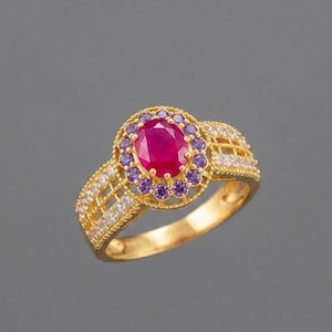 925 Silver Gold Polish Ruby Ring, Vintage Floral Filigree Statement Cocktail Ring