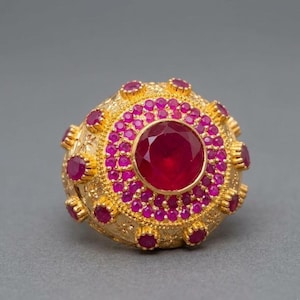 925シルバーゴールドポリッシュルビーフィリグリーステートメントリング、ヴィンテージフローラルカクテルジュエリー