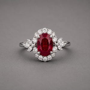 May include: A silver-toned ring featuring a central oval-cut deep red ruby gemstone. The ruby is surrounded by a halo of small round brilliant-cut white diamonds, with additional marquise-cut white diamonds accenting each side of the setting.