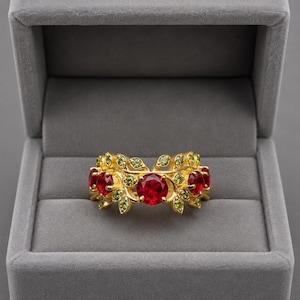 Gold Vine Leaf Ring | 925 Silver Ruby Peridot Botanical Jewelry