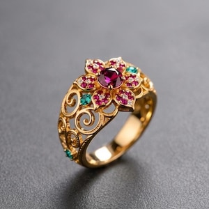 May include: A gold ring featuring a central deep pink gemstone surrounded by petals encrusted with small pink and white stones. The band displays intricate openwork scroll patterns accented with small green gemstones.