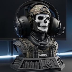 May include: A bust of a soldier wearing a skull mask, camouflage helmet, and tactical vest with the word GHOST printed on the chest. The figure wears large black over-ear headphones with a microphone and sits on a base decorated with bullet motifs.