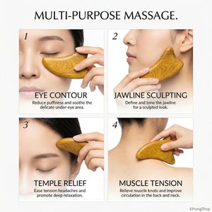 May include: Image showing a multi-purpose massage tool being used on different areas of the face and neck. The text indicates uses for eye contour, jawline sculpting, temple relief, and muscle tension.