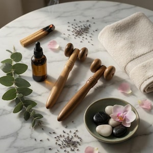 May include: A spa-themed arrangement featuring wooden massage rollers, a small glass bottle, a burning palo santo stick, and a folded beige towel. A small bowl holds black and white stones and a pink orchid. Scattered lavender and rose petals add color.