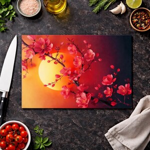Glass Cutting Board, Cherry Blossom Moon | Floral Kitchen Decor