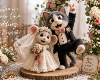 Topper per torta nuziale a forma di gatto/topo in feltro ad ago, portafedi personalizzato per la sposa.