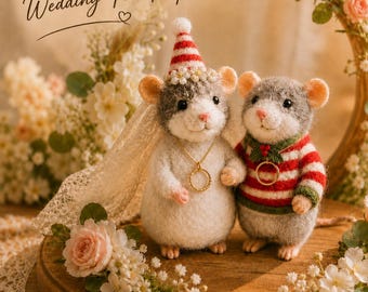 Custom Needle Felted Mouse Wedding Cake Topper, Handmade Bride and Groom Mice, Personalized Wedding Felt Keepsake, Ring Holder Gift