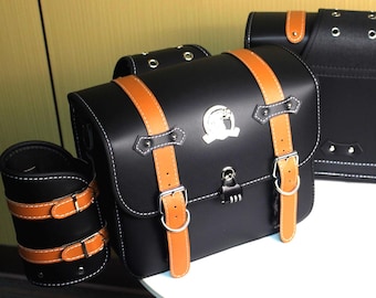 Zestaw czarnych sakw motocyklowych Eagle Head - torby narzędziowe ze skóry wegańskiej - zamek szyfrowy - srebrne ćwieki - uniwersalny prezent dla motocyklisty