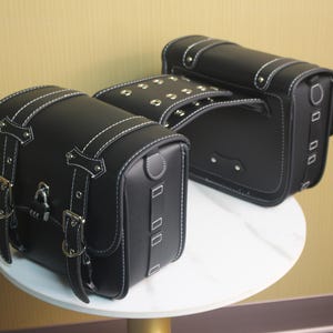Pair of Motorcycle Saddlebags with Password Lock - Black Vegan Leather Side Bags - White Stitching Biker Tool Bag - Vintage Gift