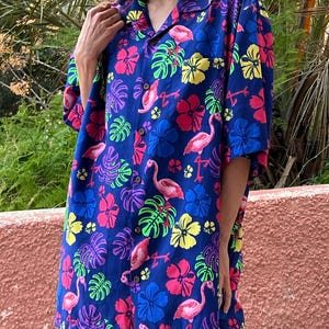 Vintage Oversized Tropical Shirt Unisex | Flamingo Print Shirt | Colorful 90s Polyester Button Up