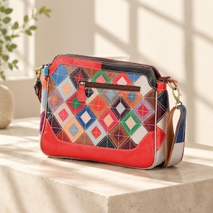 Bolso bandolera de piel auténtica con retazos coloridos, bolso de hombro multicolor, bolso retro para el día a día.