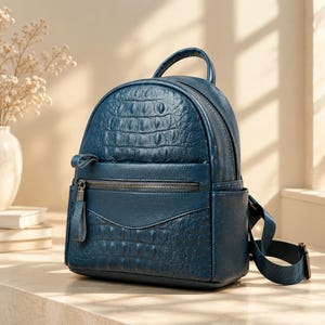 Könnte beinhalten: Ein tiefblauer Rucksack mit einer strukturierten Krokodilleder-Optik auf der Vorderseite und einer glatten Oberfläche im unteren Bereich. Er verfügt über einen Tragegriff, verstellbare Schultergurte und eine horizontale Reißverschlusstasche vorne.